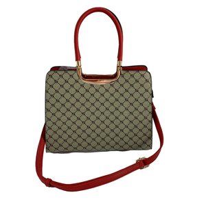 Peta Approved Vegan Purse Handbag Shoulder Bag Red Tan Lattice Pattern Gold Tone